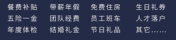 CC网投员工福利：餐费津贴、五险一金、年度体检、带薪年假、团队经费、完婚礼金、免费住房、员工班车、节日礼物、生日礼券、人才落户、其它……